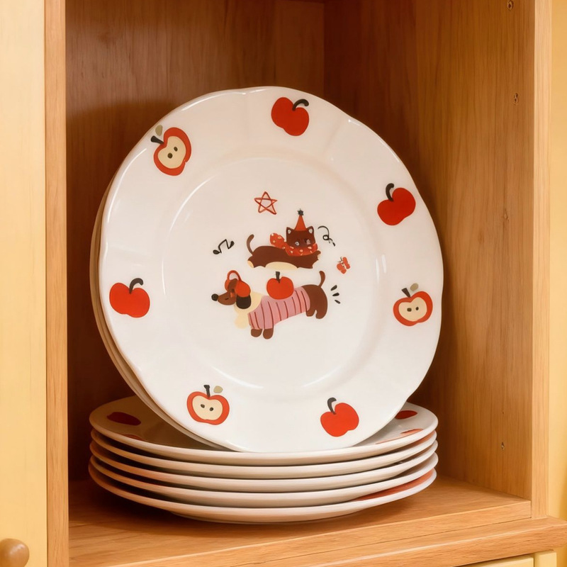New Household Snack Plate, Cute Children's Ceramic Plate, High-Looking Apple Party Cute Pet Children's Fun Dinner Plate