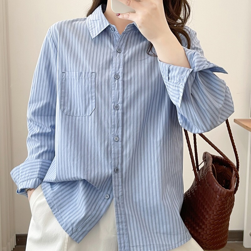 Spring and summer thin square-neck striped long-sleeve shirt for women, casual versatile pure cotton top, loose and slimming fashion shirt for women