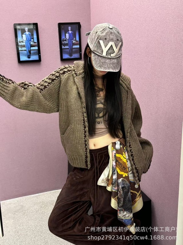 高版本~Opeyy25新款慵懒风手工粗针撞色连帽开衫外套男女同款毛衣|undefined