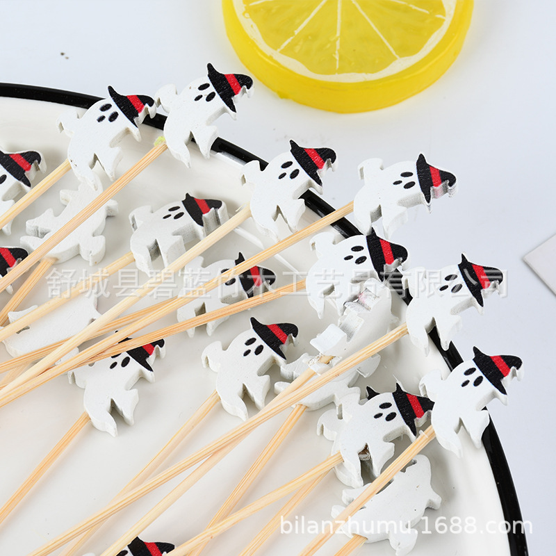 Spot al por mayor desechable stick de fruta Halloween estilo cráneo stick de bambú arte stick de fruta camellia