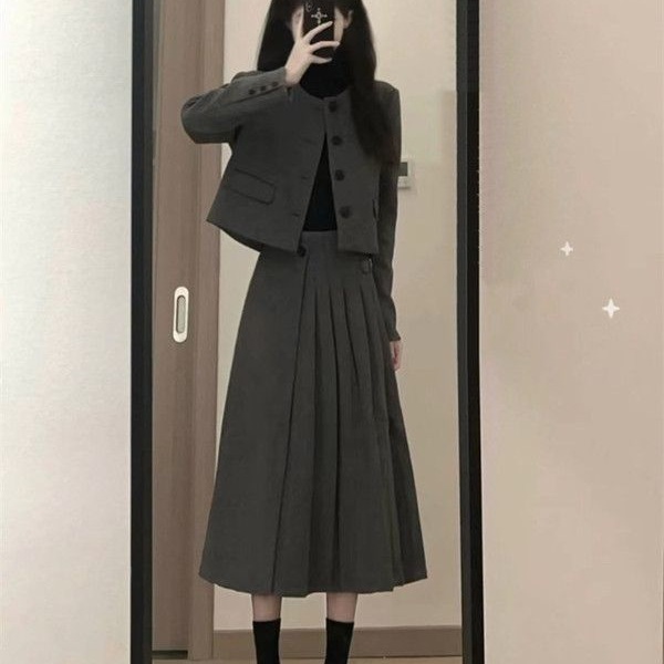 原版质量毛呢套装裙新款气质小个子短款外套女半身裙两件套|undefined