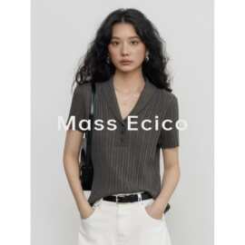 Mass Ecico天丝亚麻灰色短袖V领针织衫女T恤上衣针织短袖t恤女
