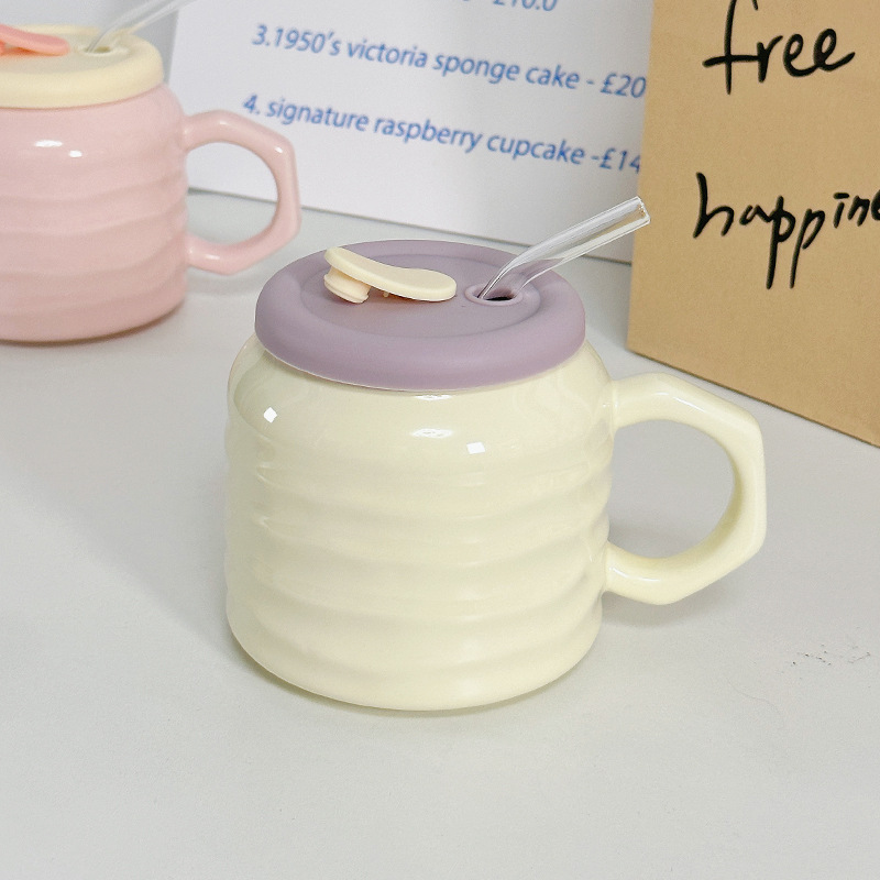 Hermosas tazas de paja de cerámica, tazas de oficina en el hogar con tazas de agua cubiertas, tazas de gran capacidad para niñas, tazas esmaltadas para hombres