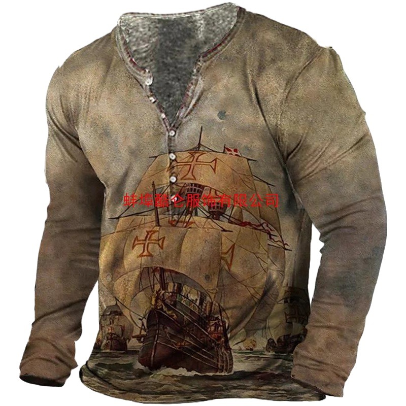 2022 retro hombres 3D digital placket abierto de siete botones Camiseta de manga larga de los hombres de guitarra patrón transfronterizo estación independiente