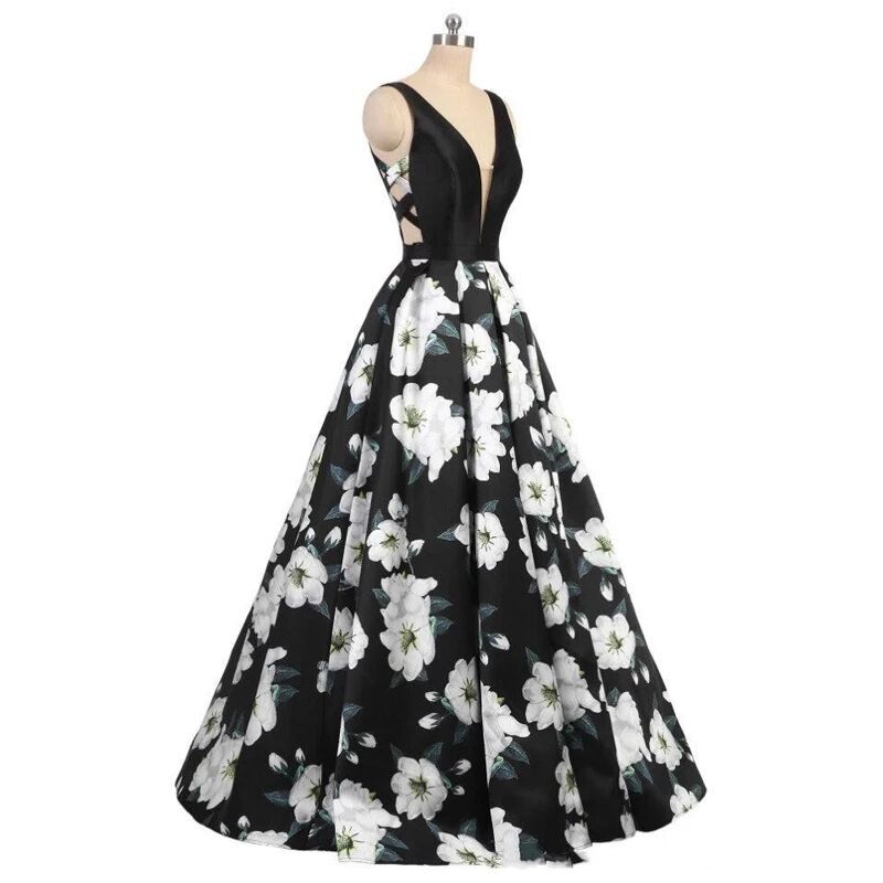 Comercio exterior europeo y americano Amazon AliExpress deseo de las mujeres vestido de noche vestido de novia con cuello en V negro largo vestido floral