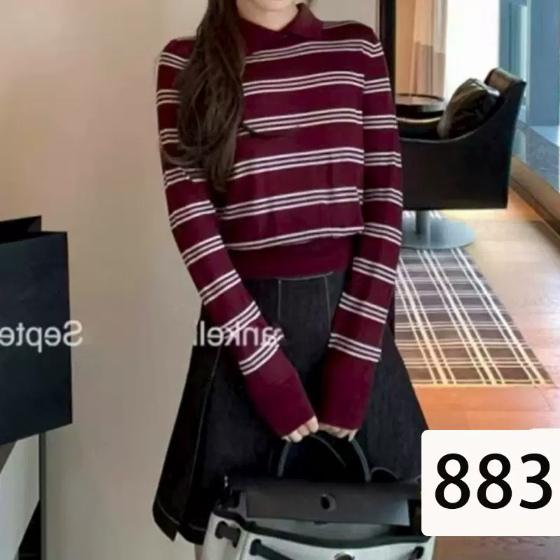 美式撞色条纹polo衫长袖T恤女宽松复古通勤上衣高级感毛织针织衫