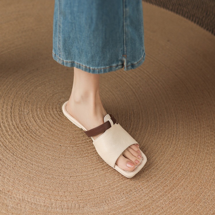 Dép sandal nữ xỏ ngón đế bệt phối màu hở mũi thời trang — màu trắng ngà, màu mơ chi tiết 69