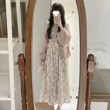 日系软妹吊带碎花连衣裙子女学生+甜美慵懒风毛衣开衫两件套装