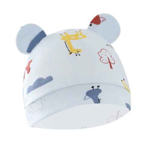 Foreign Trade European and American Newborn Baby Hat Cartoon Printed Double-Ear Infant Cap 0-3 Months Baby Hat 8320