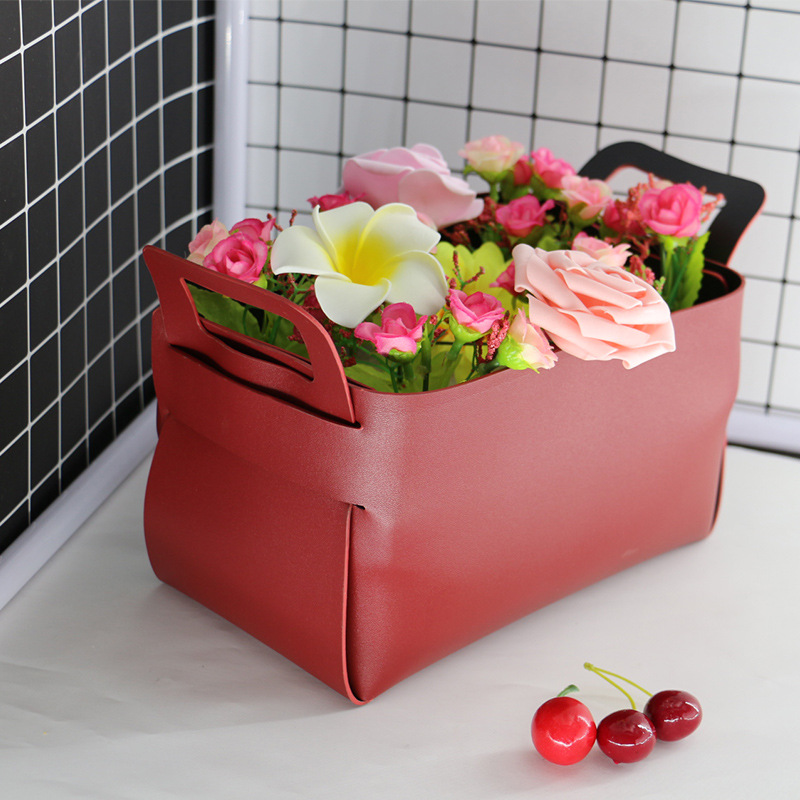 手提花篮皮革pu 绿植多肉手提篮可折叠鲜花包装盒 花店摆设用品