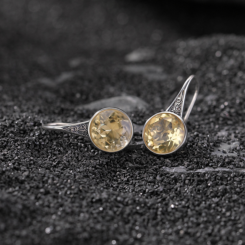 Bông tai bạc S925 đính đá thạch anh tím citrine họa tiết đường cỏ hình học phong cách retro — Mô hình Citrine