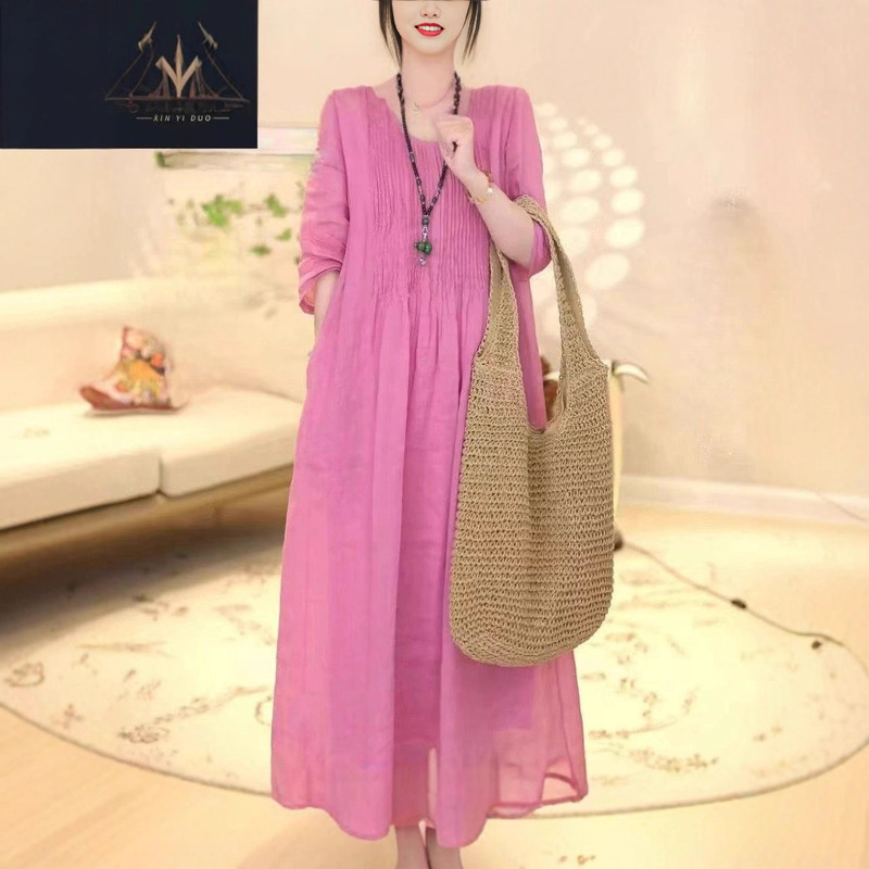 2025 Spring and Autumn New Ramie Han Dynasty Dress Skin-Friendly Design Light Luxury Loose Temperament Cotton and Linen Dress