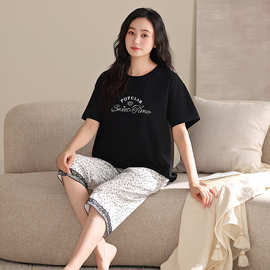 纯棉女士短袖七分裤套头睡衣休闲妈妈妇女全棉可外穿短袖家居服夏
