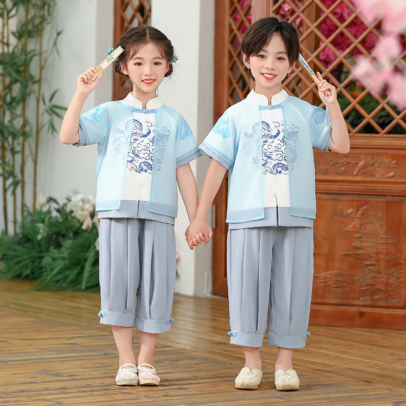 儿童唐装男童中国风套装夏款女童古风改良汉服六一古筝朗诵演出服