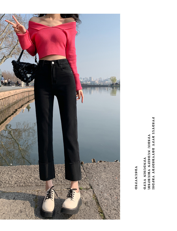 【中国直邮】HEY+JEANS 春季韩系翻边高腰显瘦九分裤 黑色 M