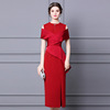 Spring and summer red off shoulder short sleeve long dress