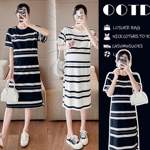 Maternity Wear Summer Wear 2025 New Stripesd Cotton Short-Sleeved T-Shirt Dress Summer Loose Large Size High-End Dress
