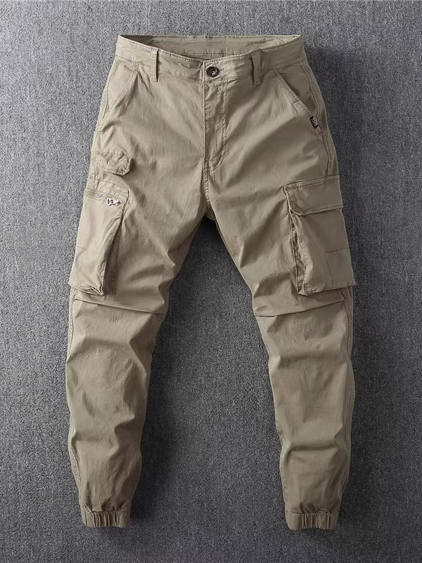 Men's Thin Work-site Retro Slim-fit Girdle Multi-bag Casual Trousers Small Leg Sports Jogging Trendy Pants for Summer