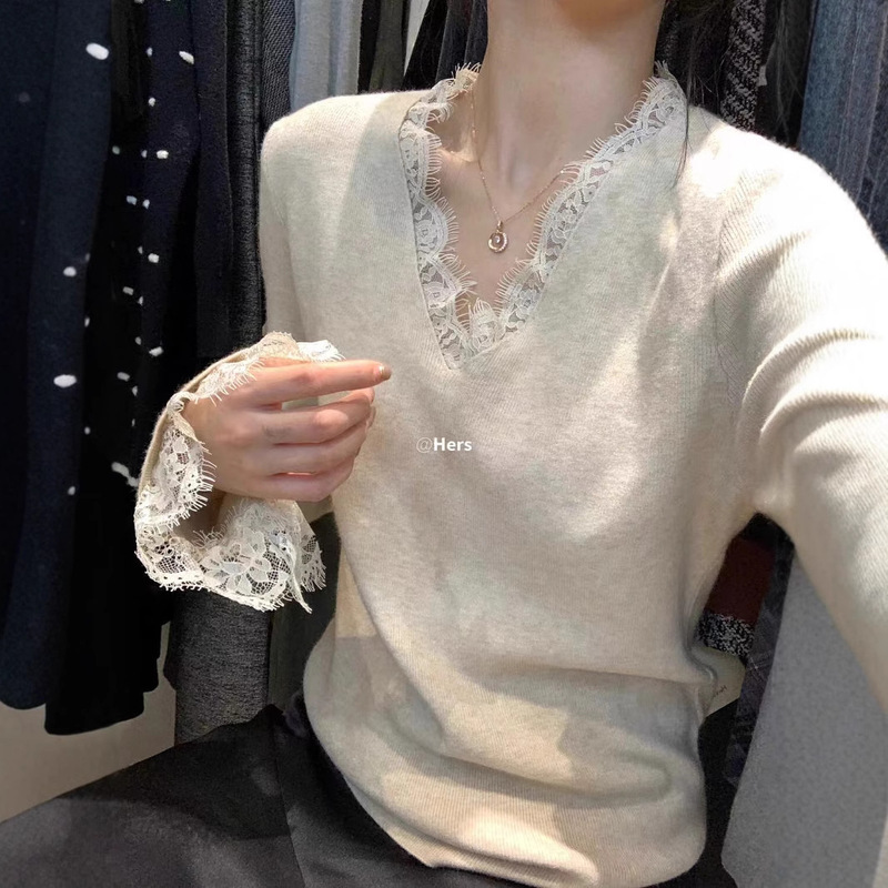 Ashimi Cashmere All-match Design Sense Lace Stitching Solid Color V-neck Sweater Knitted Slim-fit Base Shirt Top for Women Ashimi Cashmere All-match Design Sense Lace Stitching Solid Color V-neck Sweater Knitted Slim-fit Base Shirt Top for Women