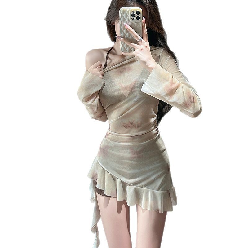 Women's Retro Three Piece Swimsuit Set Long Sleeved Bikini Slimming Flattering Irregular Skirt Style For Hot Springs_ecoleips.com