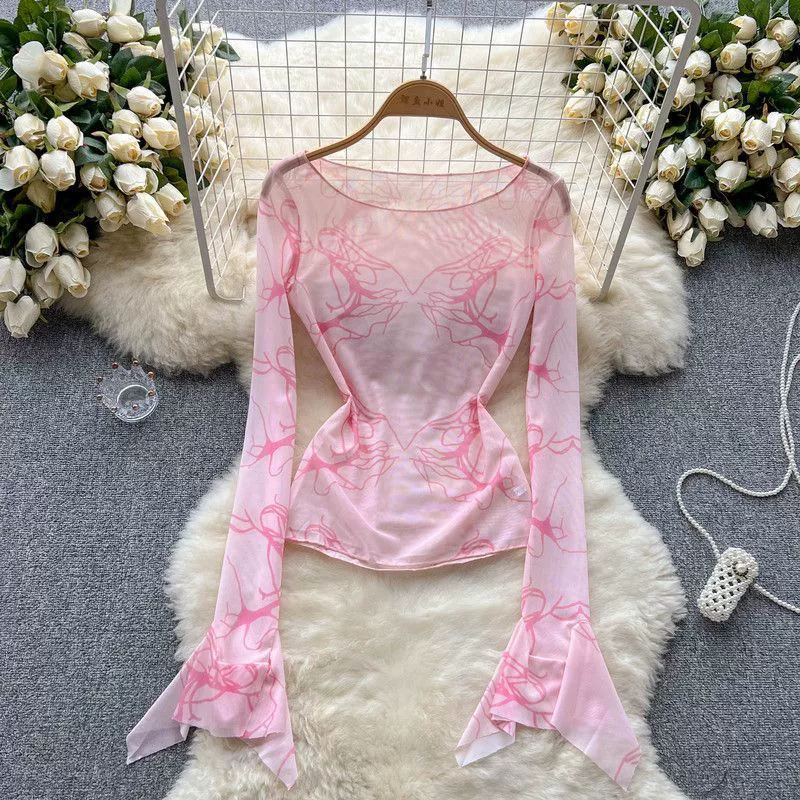 Розовая Сетчатая футболка Pure Spice Girl с принтом тай-дай, Женская нишевый дизайн, приталенный внутренний тонкий базовый топ с длинными рукавами