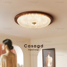 casa美式复古实木客厅吸顶灯胡桃木色中古风卧室餐厅书房圆形灯具