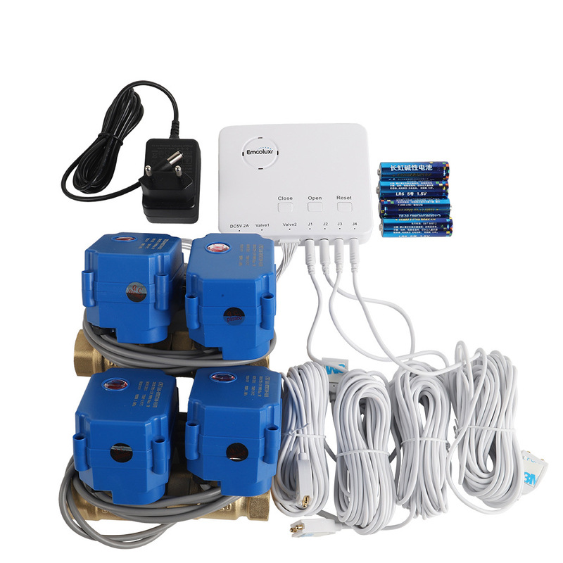 Battery-Powered Water Leak Alarm with 4 Dn15 Dn20 Dn25 Water Valves and 4-Way 6m Sensing Lines Battery-Powered Water Leak Alarm with 4 Dn15 Dn20 Dn25 Water Valves and 4-Way 6m Sensing Lines