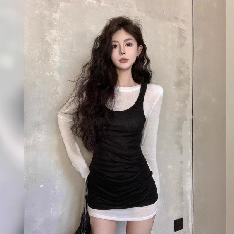 休闲正肩长袖T恤女秋季新款打底衫收腰修身显瘦纯色背心辣妹套装|undefined