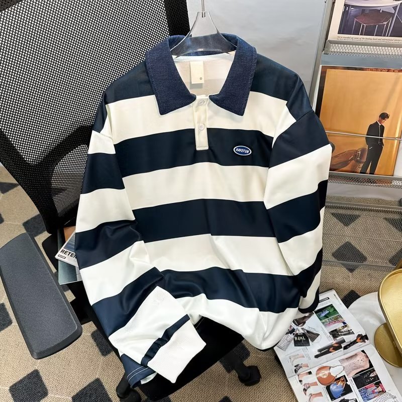 Japanese striped lapel sweater men's autumn and winter trendy cityboy loose retro couple long sleeve polo shirt jacket
