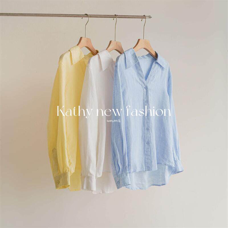 Kathy High-End Natural Linen Shirt V-Neck Casual Shirt Women's Top Spring and Summer New Style Blue