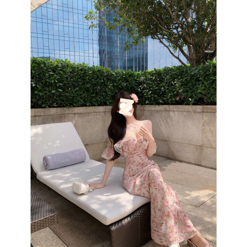 法式茶歇裙木耳边露背收腰碎花连衣裙女夏季温柔风修身一字肩长裙|undefined