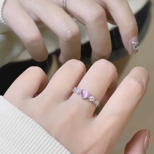 Love pink cat's eye stone ring for women, cute and sweet niche design index finger ring opening adjustable ring