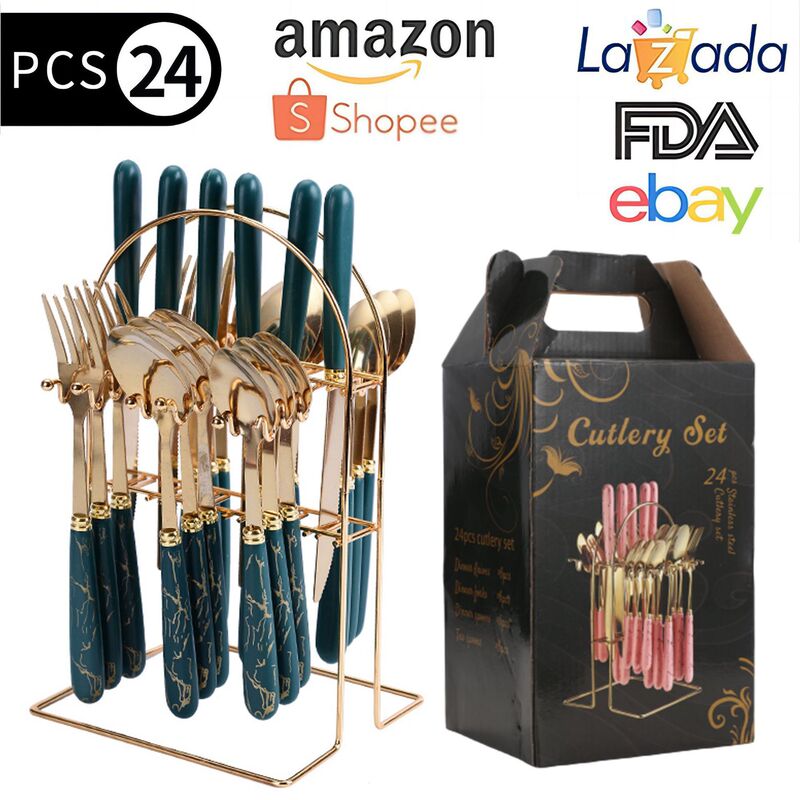 Foreign Trade Ceramic Handle Stainless Steel Tableware Set 24-Piece Household Golden Knife, Fork and Spoon Storage Shelf Gift Box