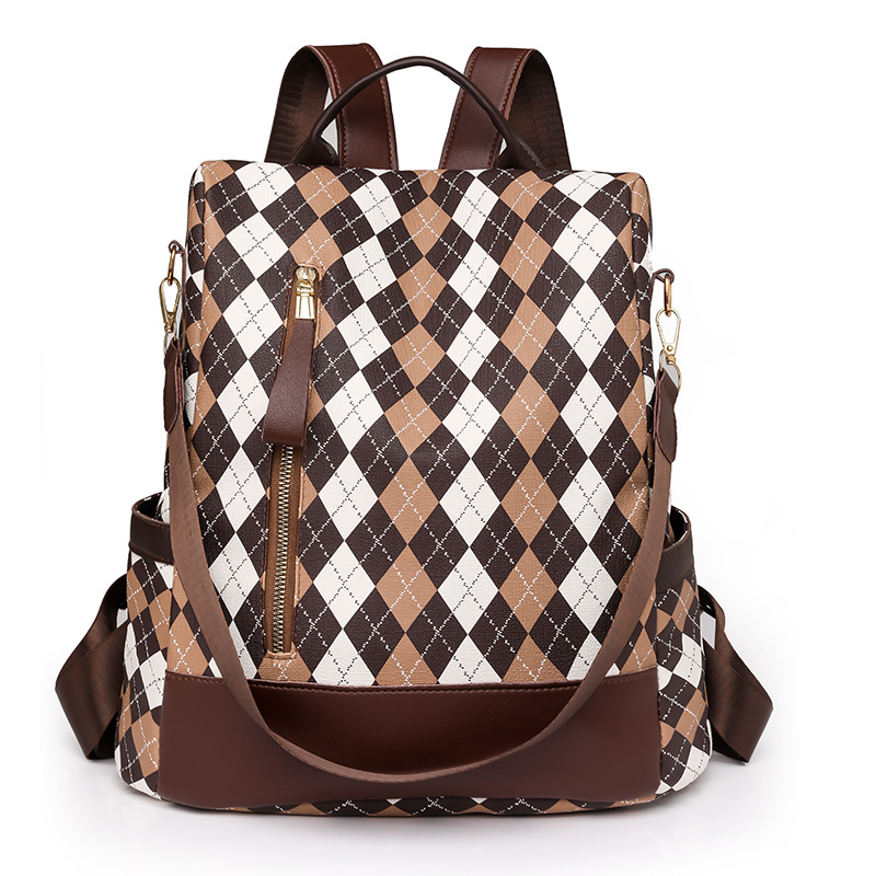 2023 nueva mochila antirrobo de cuero suave para mujer de color en contraste, mochila de viaje ligera al aire libre de gran capacidad a cuadros de moda