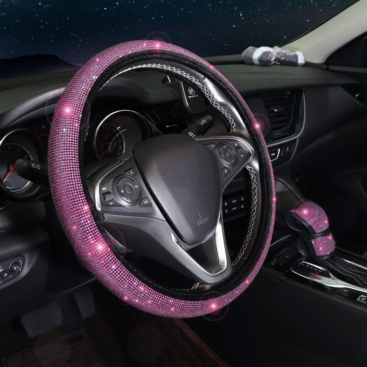8-Piece Car Diamond-Encrusted Decorative Set: Steering Wheel Cover, Ignition Ring, Seat Belt Shoulder Pads, Cup Mat, Gear Shift Cover
