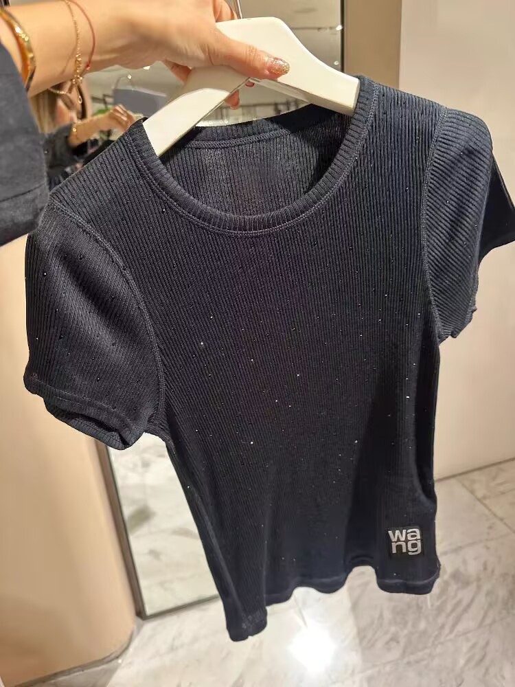 【在庫あり】2025夏新作ラウンドネック半袖Tシャツホットガールスリムフィットホットダイヤモンド見栄えの良いコットントップス女性用