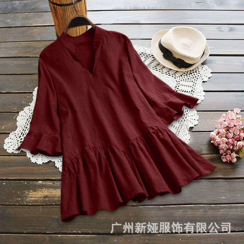 Осень 2022 г. Новая однотонная городская Повседневная рубашка с короткими рукавами из трансграничного рога Амазонки с V-образным вырезом