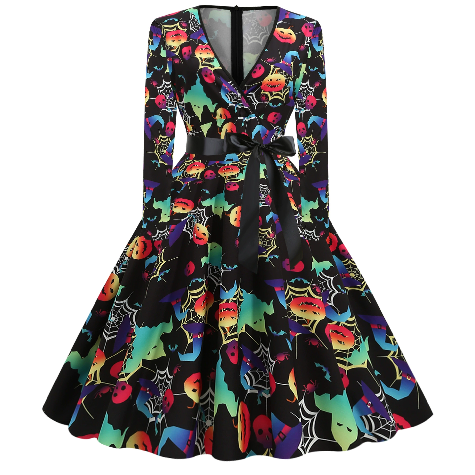 Настоящий выстрел на складе 20,21 миллиона священный фестиваль нового цифрового принта с V-образным вырезом и длинными рукавами, большой пояс для платья