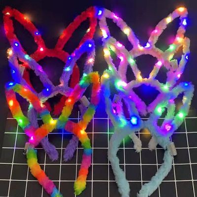 热销加长14灯毛绒兔耳朵发箍地摊夜市热销发光毛绒全毛兔耳朵批发|ms