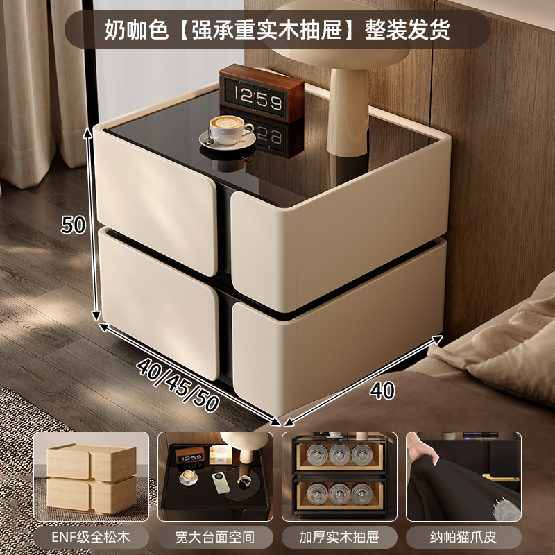 Mesita de noche negra 2025 estilo explosivo, lujo ligero, sentido de alta gama, sentido de diseño de dormitorio en casa, madera maciza de nicho con luz inteligente