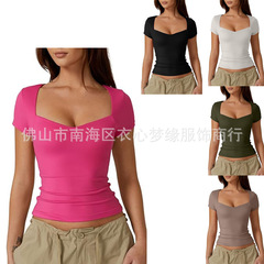 2024アマゾンクロスボーダー女性ハート型襟半袖tシャツ修身基本モデルファッション臍