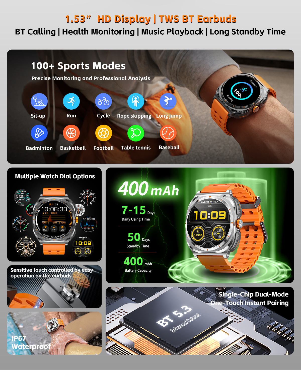 Smartwatch med integrerade tws hörlurar bluetooth sportklocka_voghion.com