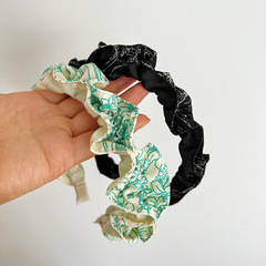 韓風清新卷邊印花布藝皺褶發箍頭箍女2023炒百搭髮飾發捆頭扣拼色