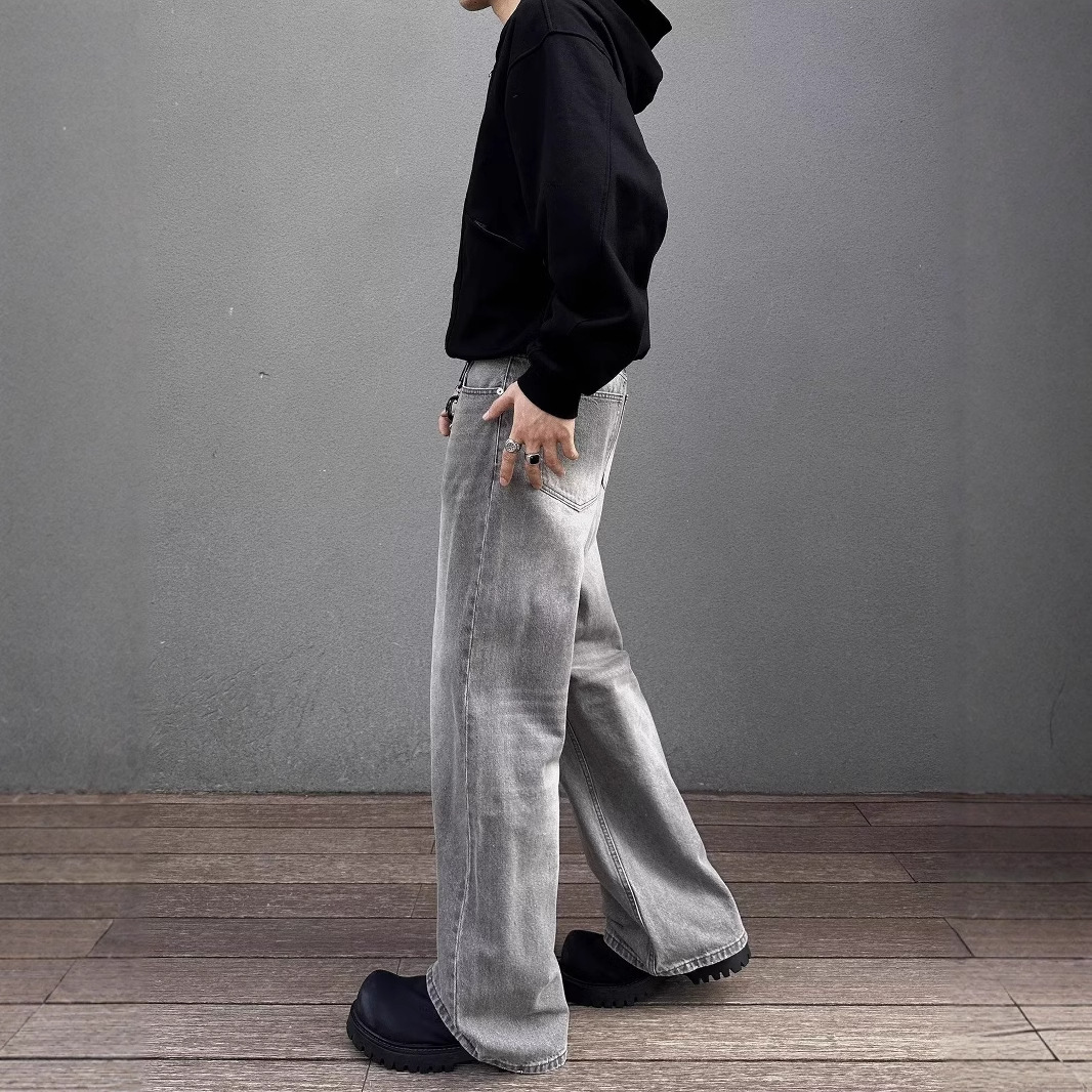 Men's Charcoal Gray Flared Jeans American Style Washed Vibe Straight Leg Loose Fit Casual Pants Mid Waist Slight Stretch_mkmklike.com