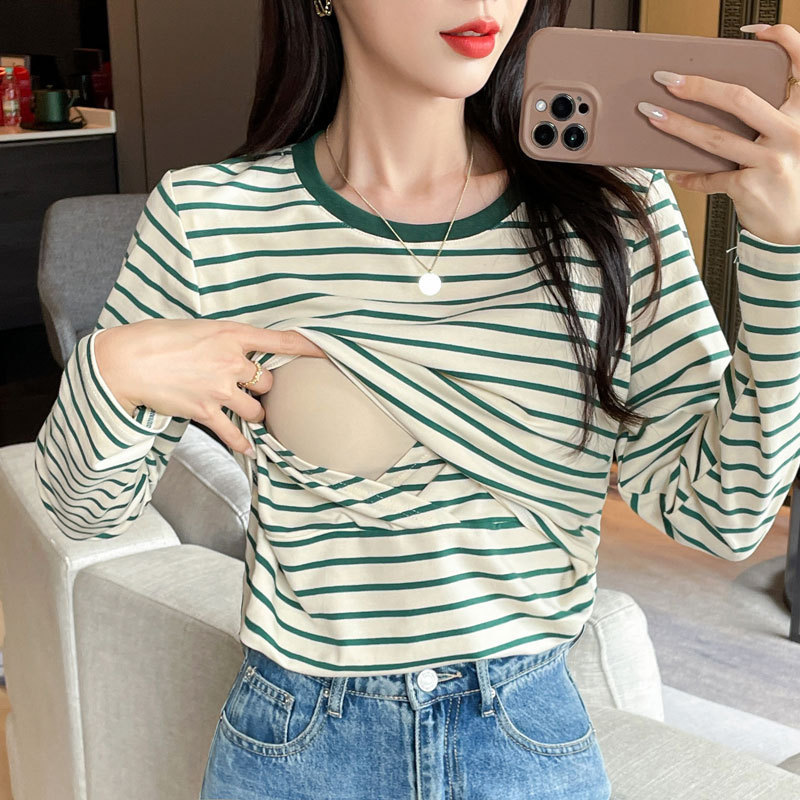ストライプの授乳上着の春秋服の辛いお母さんのタイプは外に出て、純綿の底の長袖の授乳服の産後はやせています。|undefined