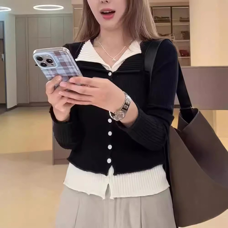 2025秋冬新款修身韩系针织开衫假两件时尚气质优质毛衣女短款上衣|undefined