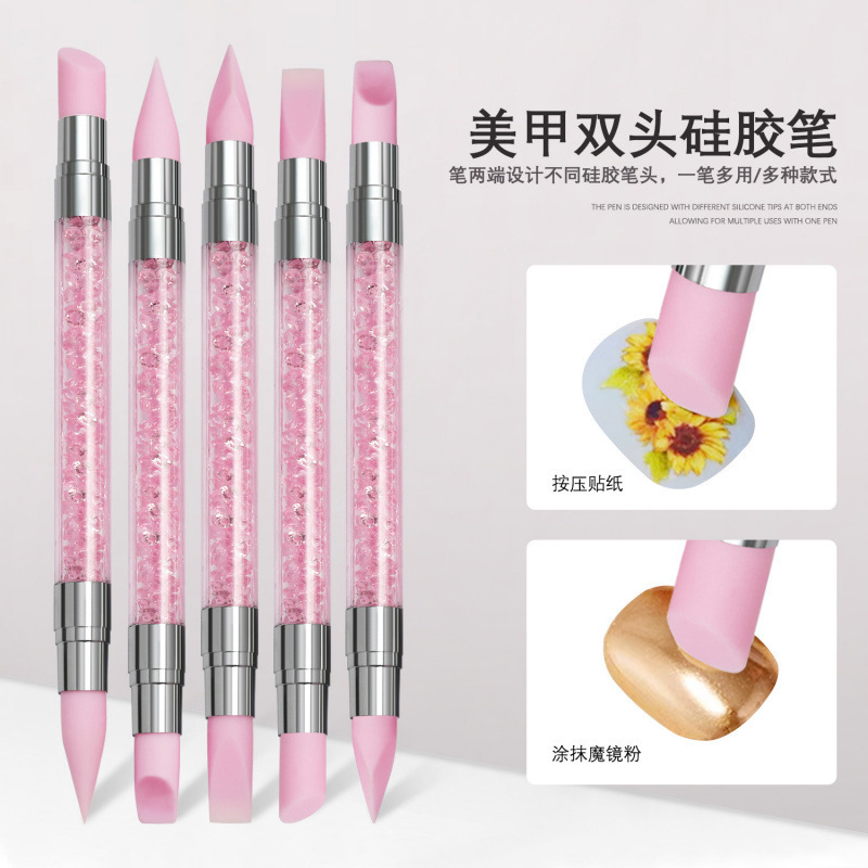Nail Art Double-Ended Silicone Pen Set of 5 for Hollow Carving and Embossing, with Mirror Powder Applicator and Nail Brush with Rhinestone Handle Nail Art Double-Ended Silicone Pen Set of 5 for Hollow Carving and Embossing, with Mirror Powder Applicator and Nail Brush with Rhinestone Handle