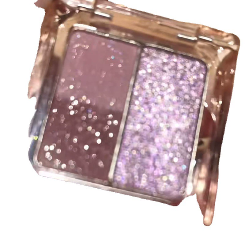 Eyeshadow Duo, pink–purple shiny palette, sequin finish, handheld compact