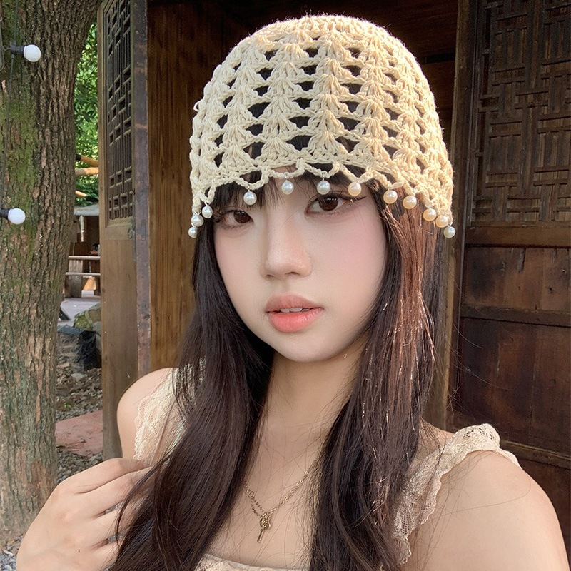ボヘミアンスタイルのパールペンダント中空つば帽子女性の夏の薄い帽子レトロな顔が見える小さなニットプルオーバー帽子|undefined