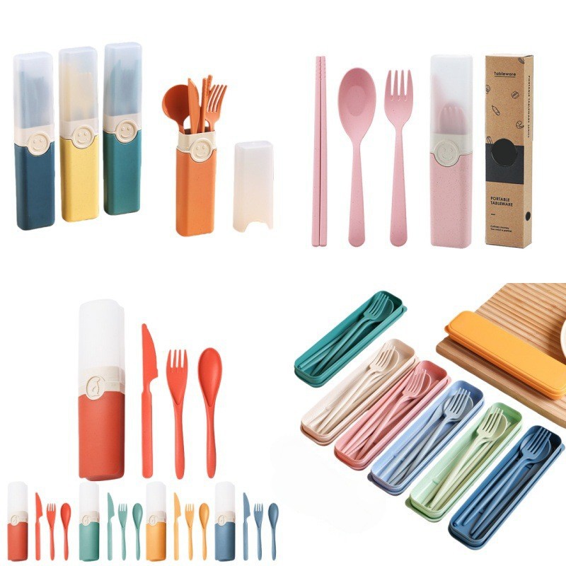 Cross-Border Portable Tableware Set Made of Wheat Straw, Including Knife, Fork, Spoon, and Chopsticks, Suitable for Home Use, Students, and Office Workers, Four-Piece Set